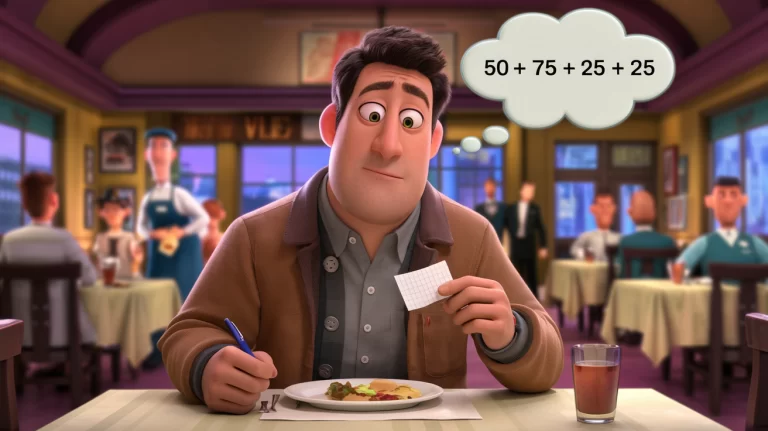 A man sitting in a restaurant calculating mentally