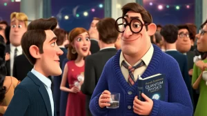 a man at a party seeing another man wearing thick-rimmed glasses, a cardigan, and holding a book about quantum physics.