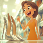 woman looking excitedly at a paid of shiny silver heels