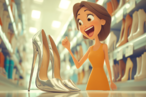 Woman looking excitedly at a paid of shiny silver heels