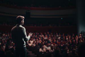 Man talking to a large crowd in an auditorium