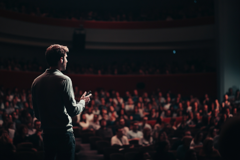 Man talking to a large crowd in an auditorium