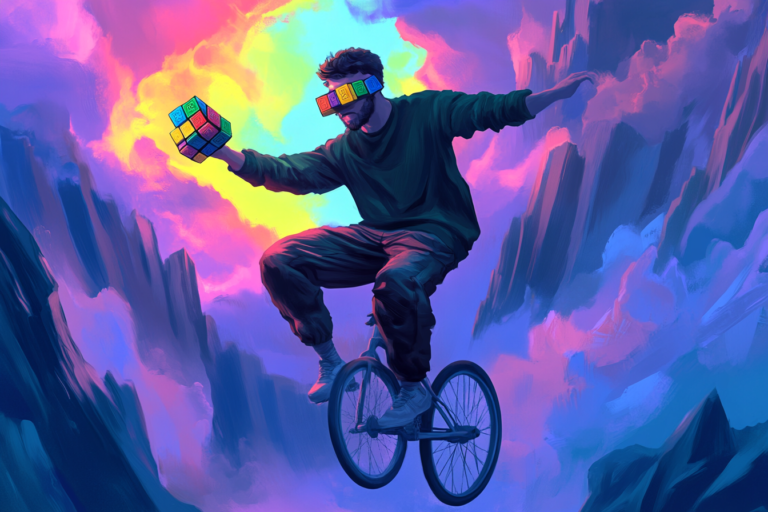 Blindfolded man trying to solve rubik's cube while riding unicycle