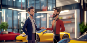 Man negotiating with car salesman in a car showroom