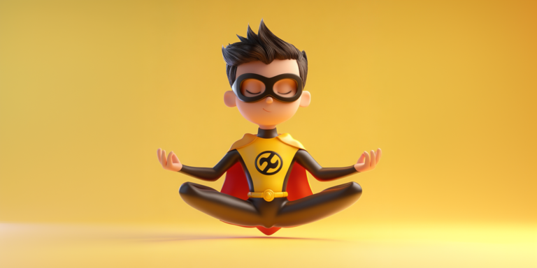 A superhero of emotions levitating in meditation pose