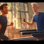 A man running on treadmill pushed by his trainer to go faster