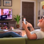 Lazy man watching tv and scrolling on phone