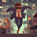 Man in a mask at work on tightrope surrounded by colleagues