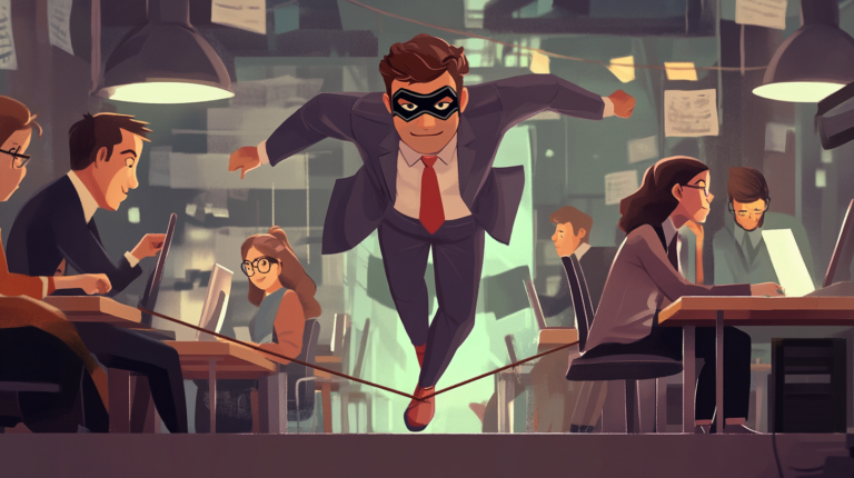 Man in a mask at work on tightrope surrounded by colleagues