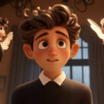 A man listening to devil about critics and angel about compassion