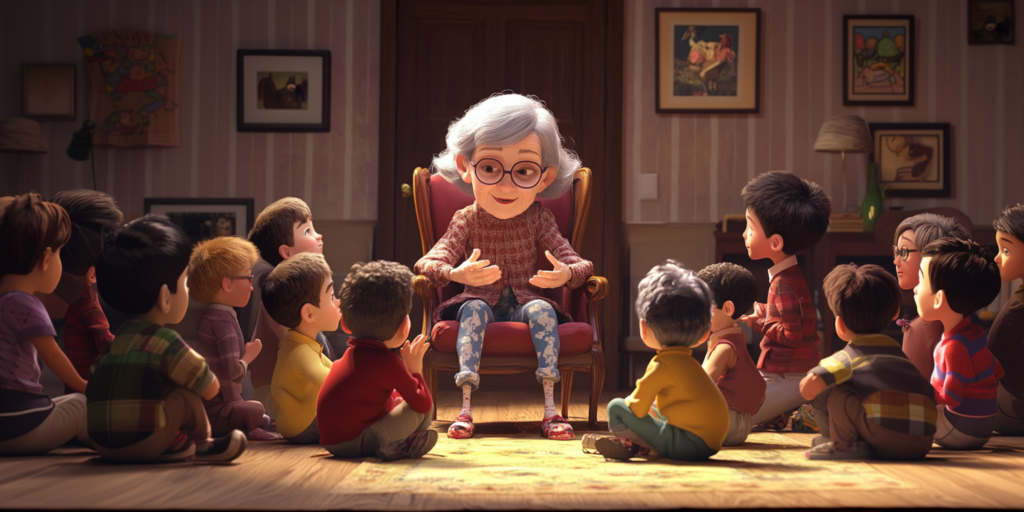 A granny telling stories to a group of kids