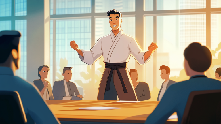 A kung fu champion preseting in the boardroom