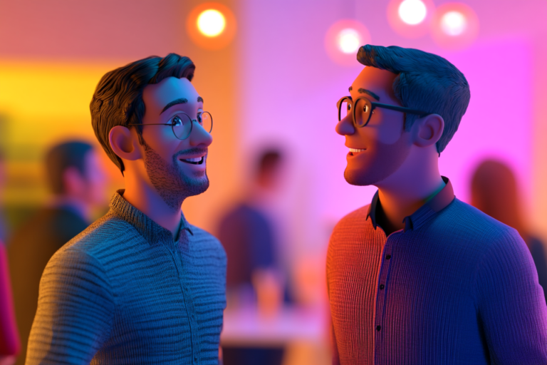 2 men happily talking to each other at a networking event